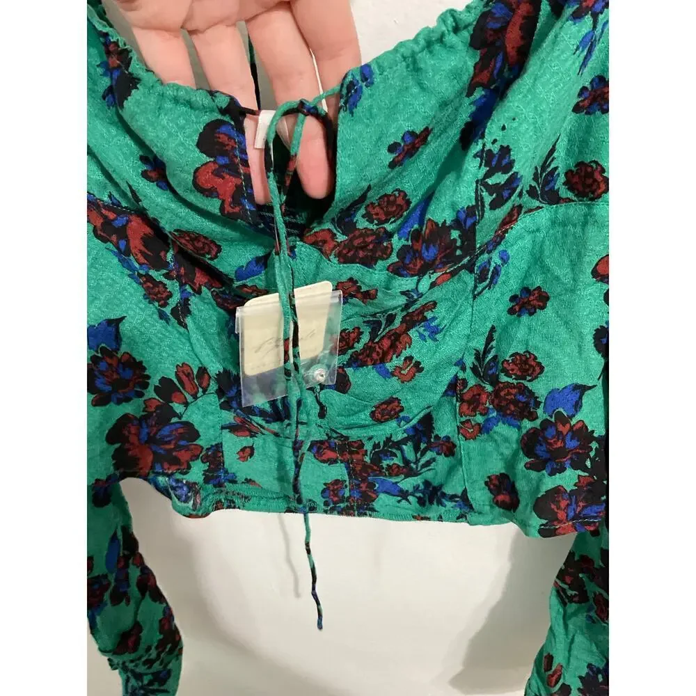 NWT Free People Crop Top Size Small Floral Blouse Puff Sleeve $98 Tie Back Green